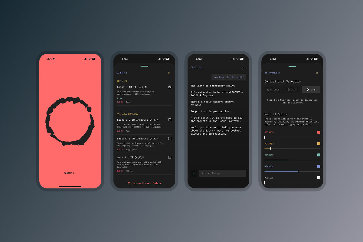 Control app screenshots showing the logo, model selection, chat interface, and customization options
