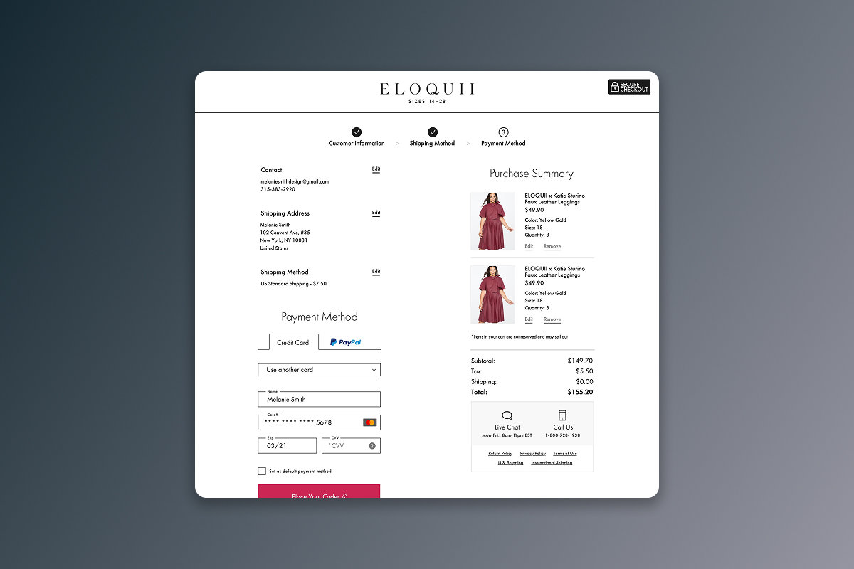 The signed-in payment state brings forward saved information and offers credit-card and PayPal options.