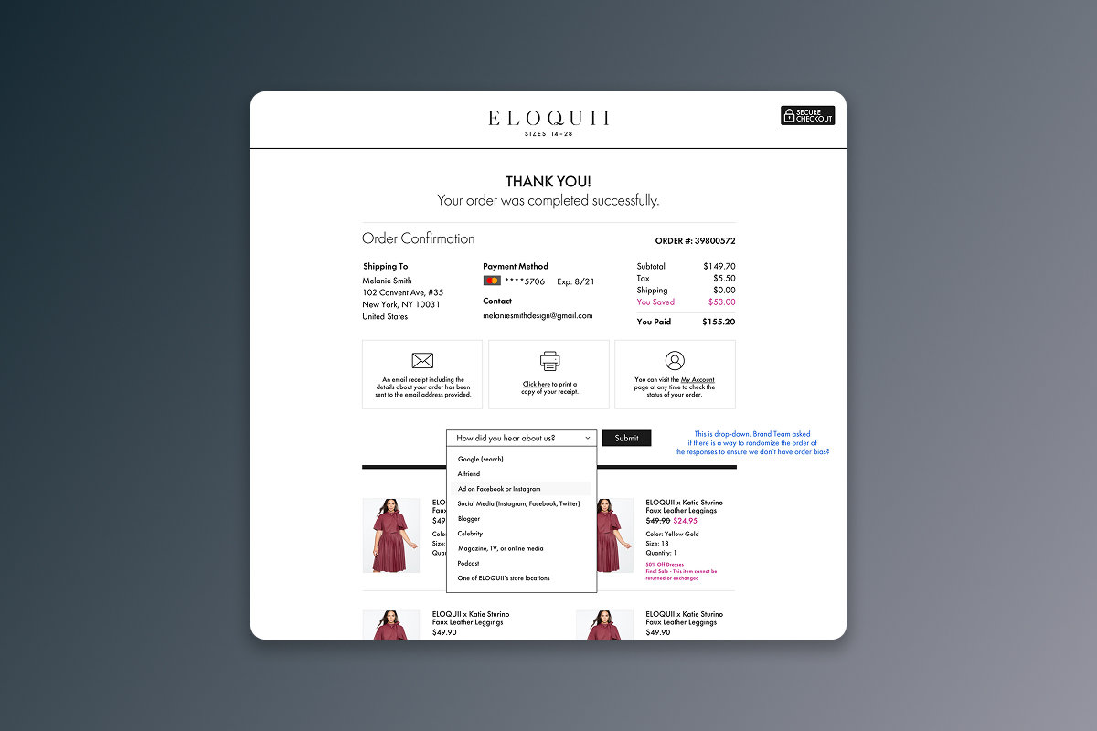 Confirmation brings the order, delivery and payment details together, with support and continued shopping close at hand.