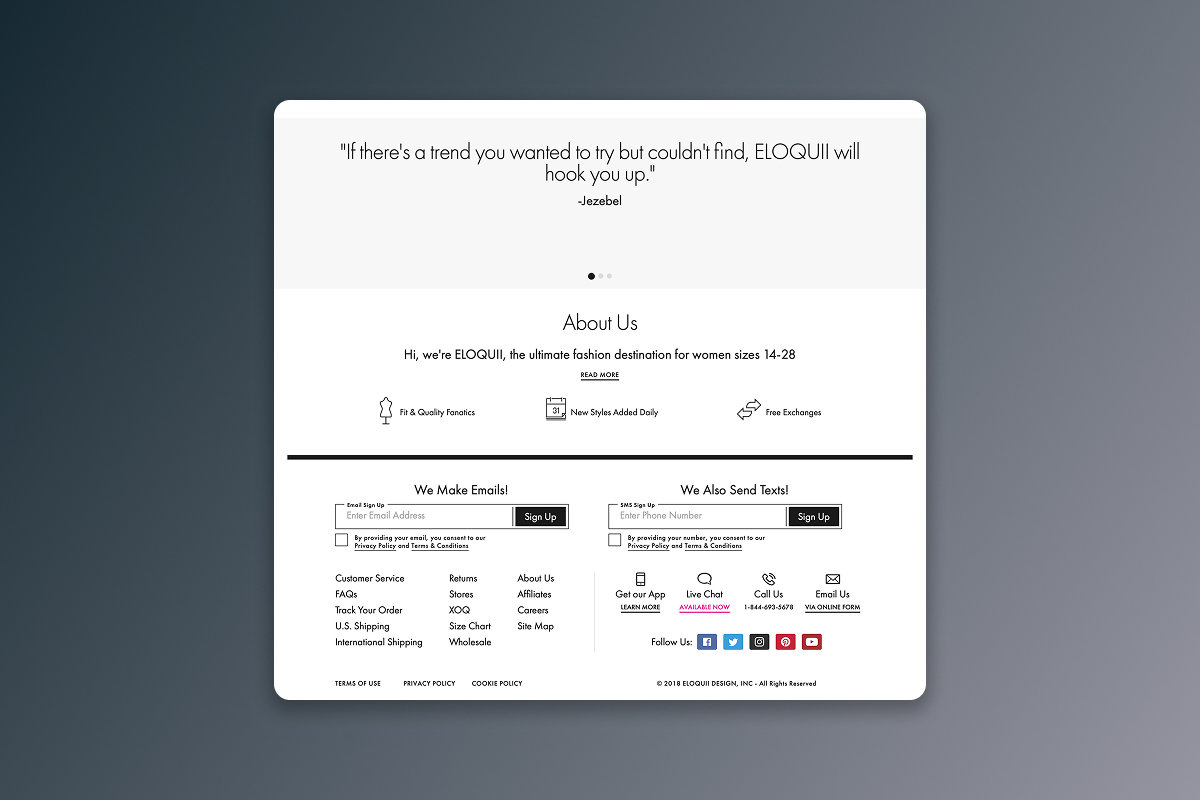 Email and text signup make ongoing contact part of the shopping experience, with distinct opt-ins for each channel.