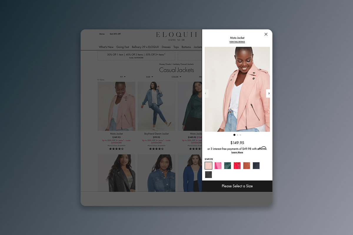 Quick Shop brings imagery, color and size selection into a side panel, keeping the product grid in view.