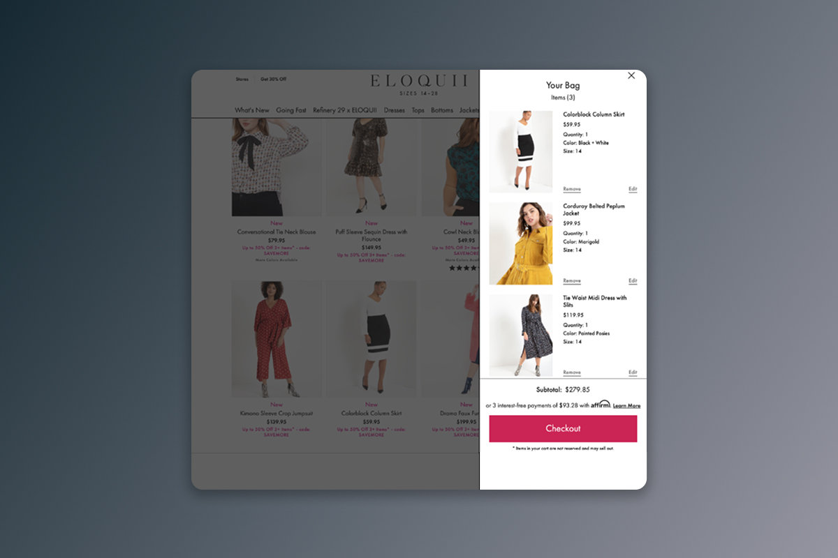 A bag panel lets customers review their selections from the category page and continue toward checkout.