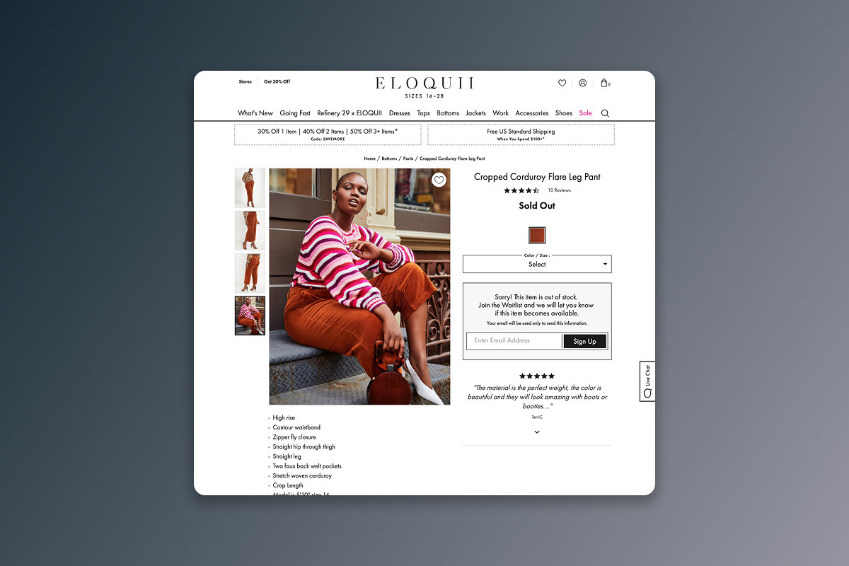 An item-specific waitlist captures interest when a product is unavailable. Customer reviews remain part of the decision.