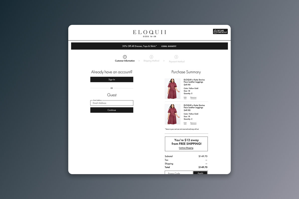 Returning customers can sign in; guests can begin with an email address. The purchase summary remains visible.