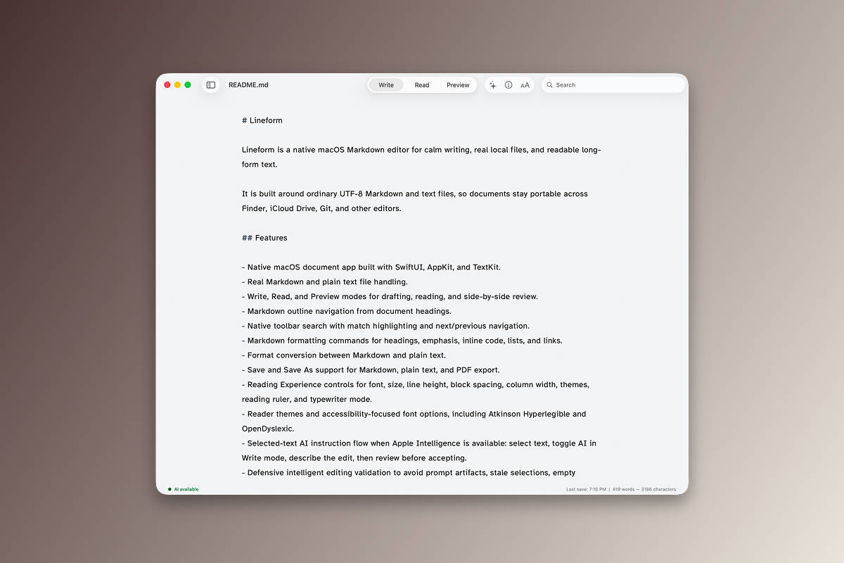 Lineform markdown editor in a native macOS window