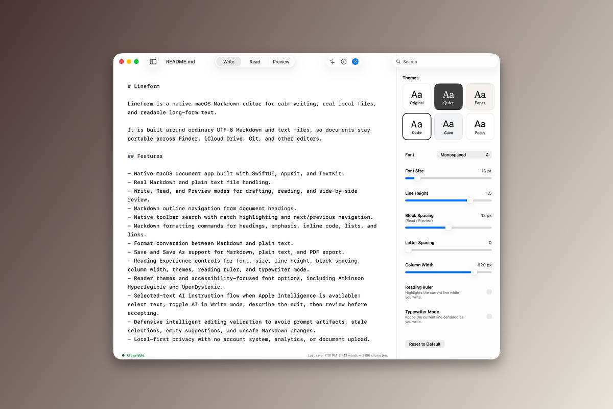 Lineform theme and reader appearance options