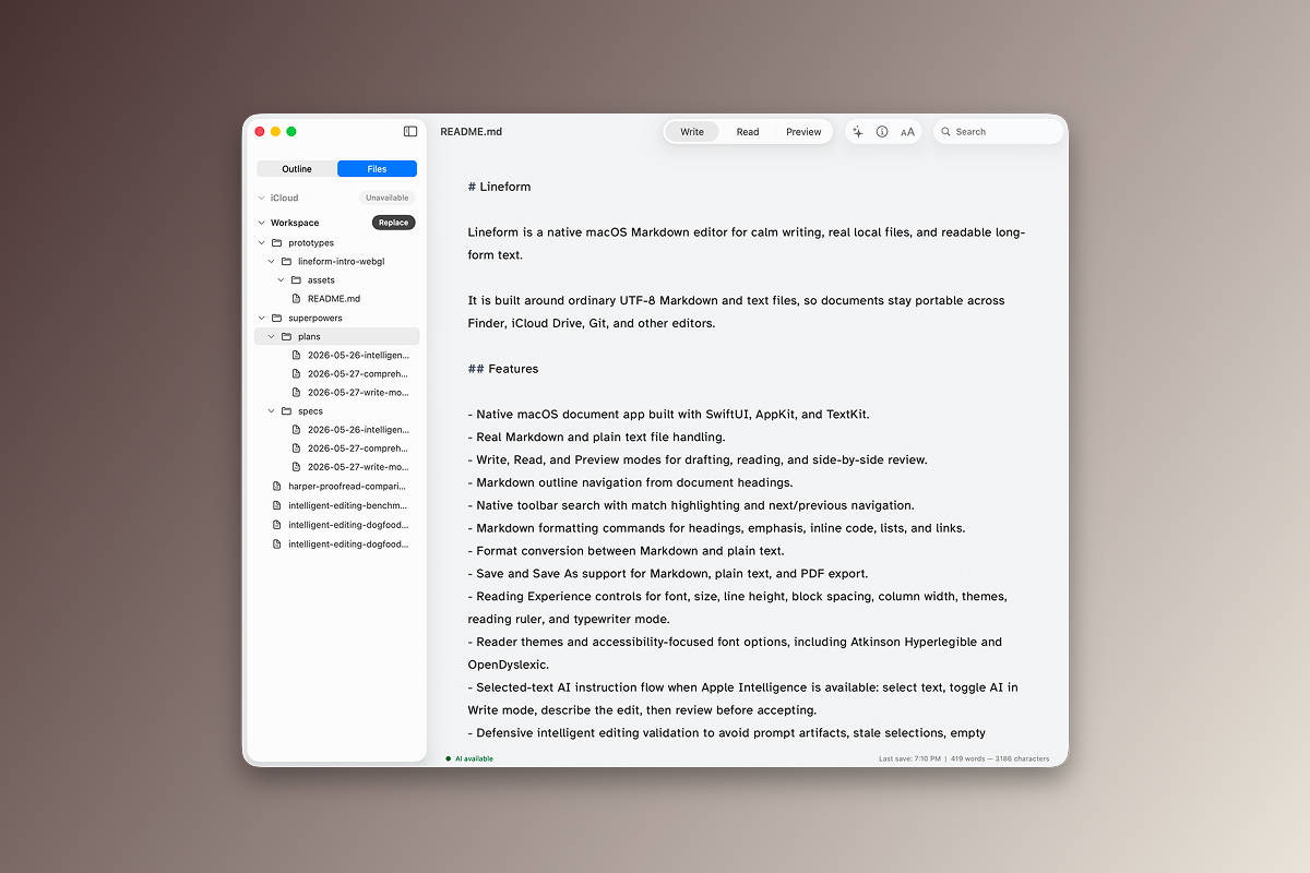 Lineform write mode with markdown formatting controls