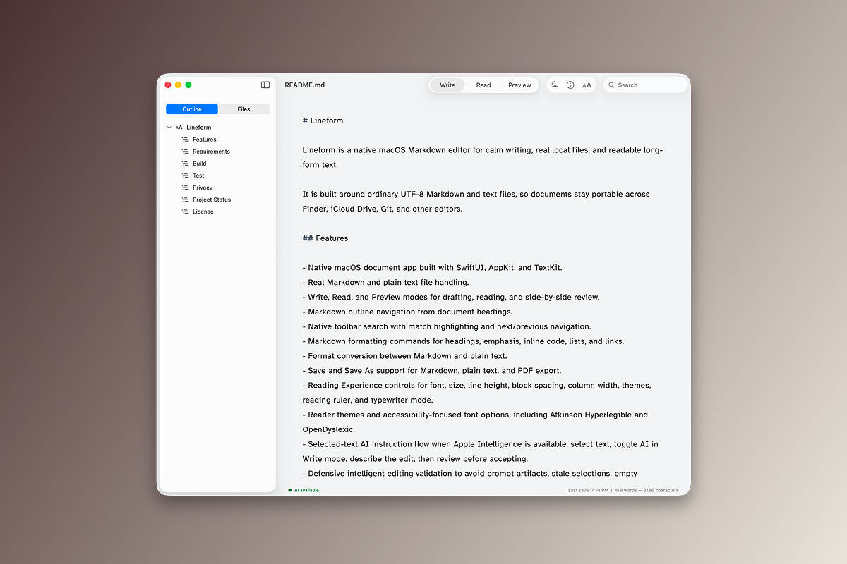 Lineform preview mode showing rendered Markdown