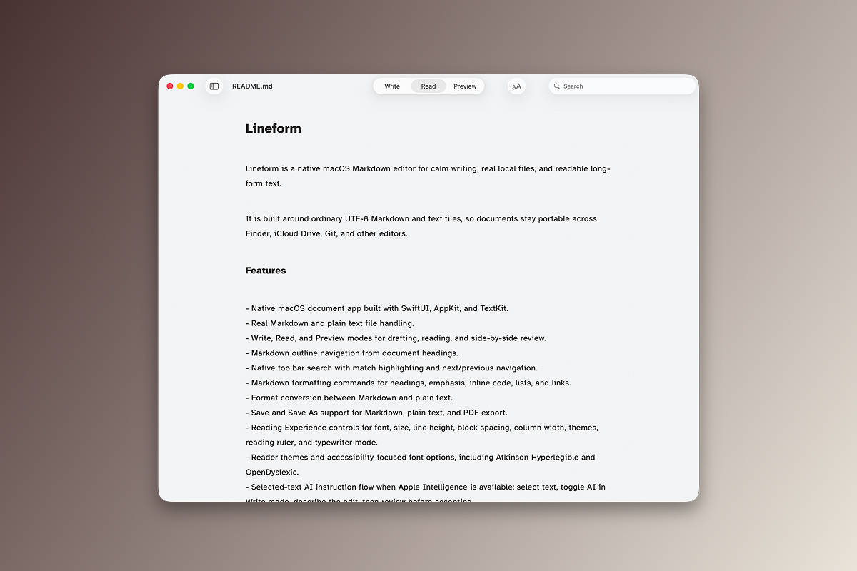 Lineform reading settings and typography controls