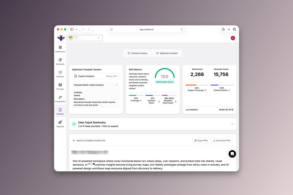 RankBee platform interface