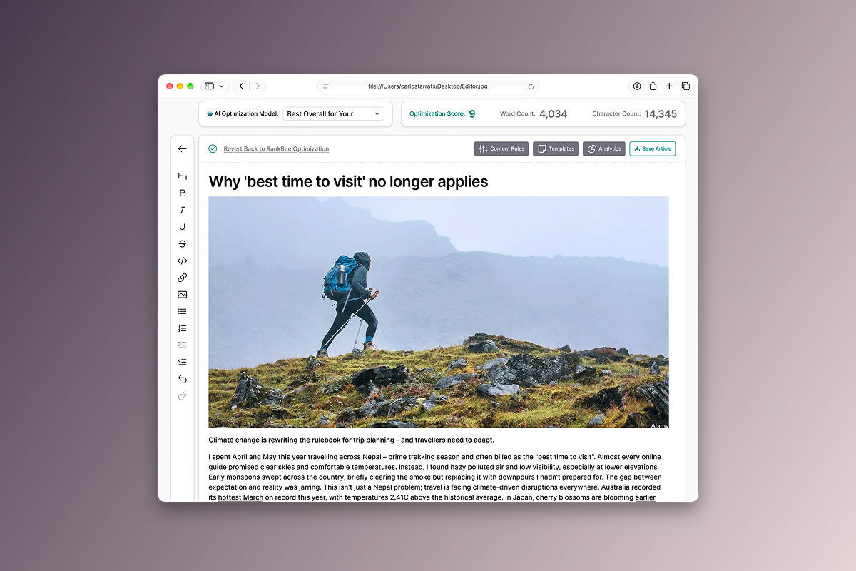 RankBee AI writer with article editing tools and an optimization score